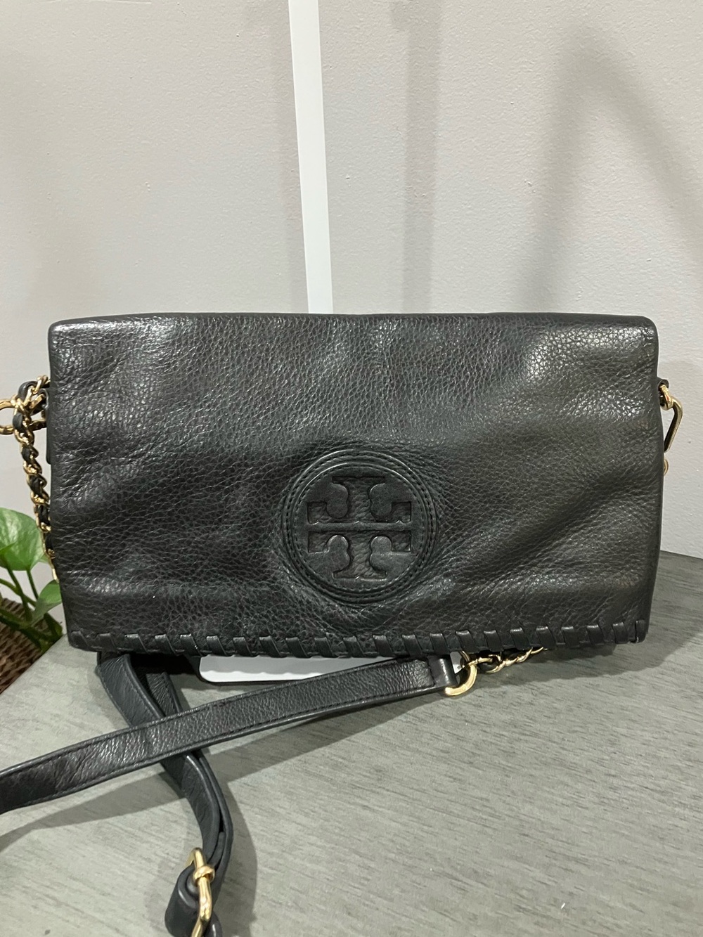 Tory Burch Black Leather Crossbody Fold-Over Bag